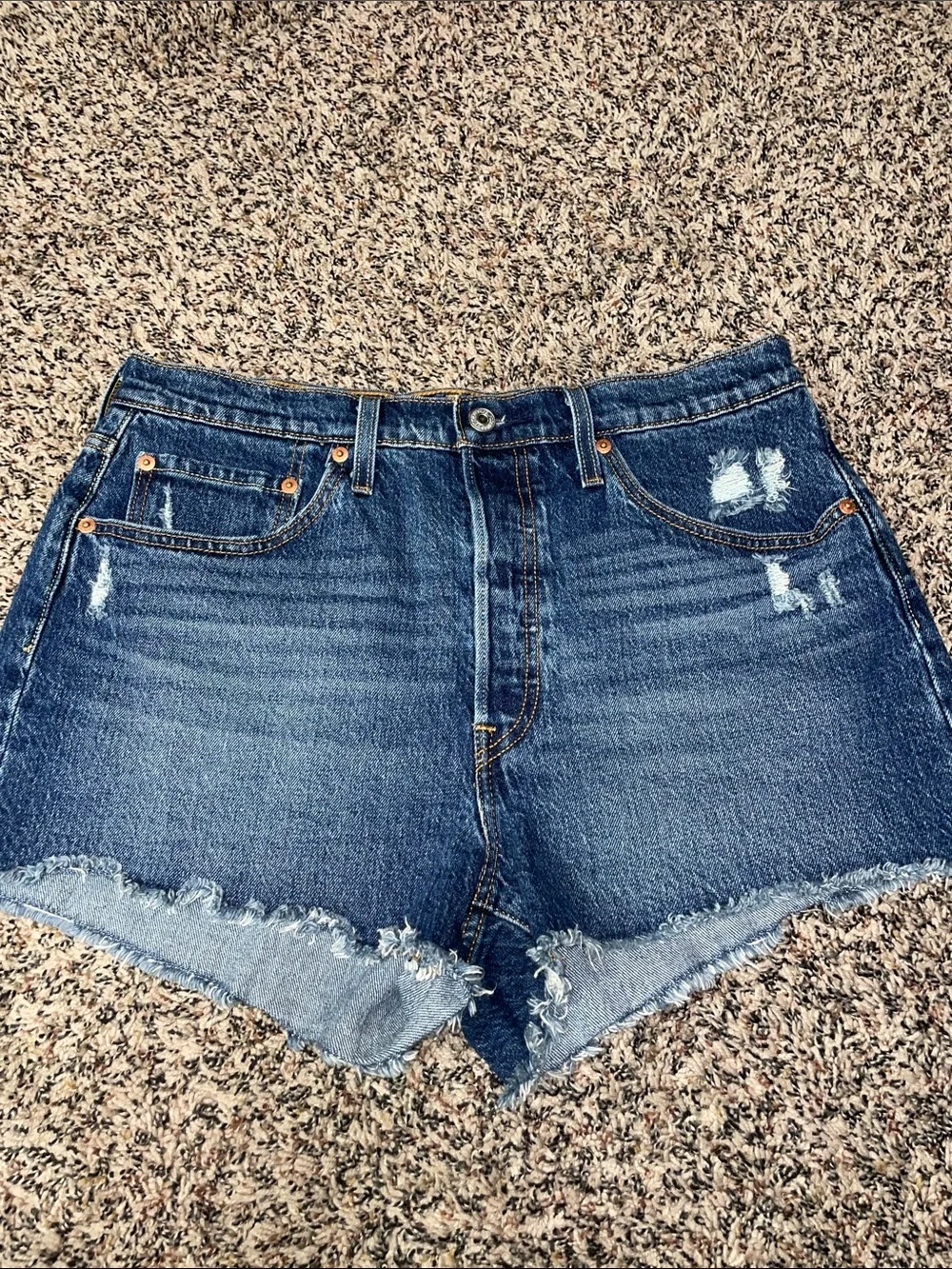 Levi's Dark Blue Distressed Button-Fly Jean Shorts Woman’s Size 31 | NWOT